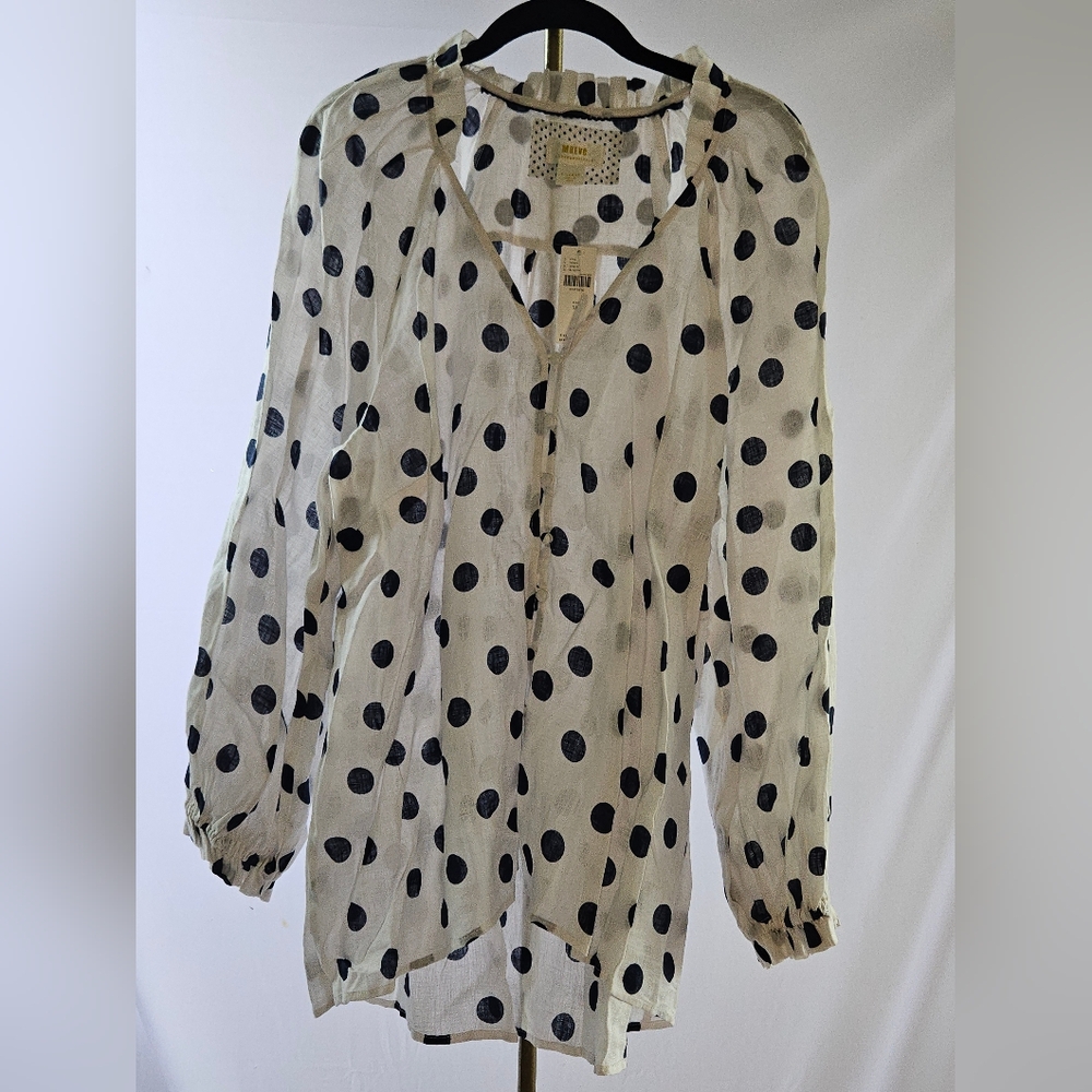 Anthropologie White Black Polka Dot Sheer V-Neck Tunic Blouse